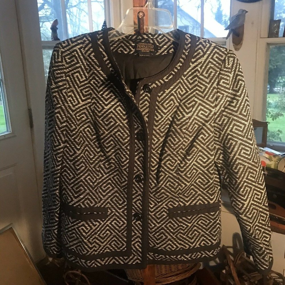 Pendleton Womens Blazer Jacket 8 Navy Blue Geometr